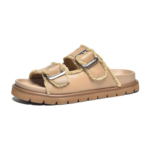Women's Cow Leather Buckle Decoration Slippers - Double Strap Summer Beach Flats