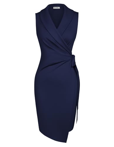 GRACE KARIN Büro Kleid Damen Business Ärmellos Etuikleid Damen Elegant Hochzeit Kleid Gast Knielang M Dunkelblau-8