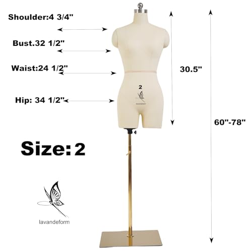 lavandeformFemale Sewing Mannequin Size 2, Professional Dress Form for Tailor Design and Display, Foam Body for Pinning, Height Adjustable Torso with Stable Metal Base (Without Arms Beige, 2) by lavandeform - Image 2