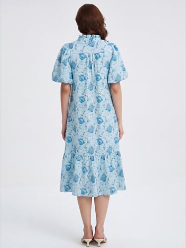 Image of Summer Floral Midi Dress for Women Spring Puff Short Sleeve Button Down Flowy Boho Dresses