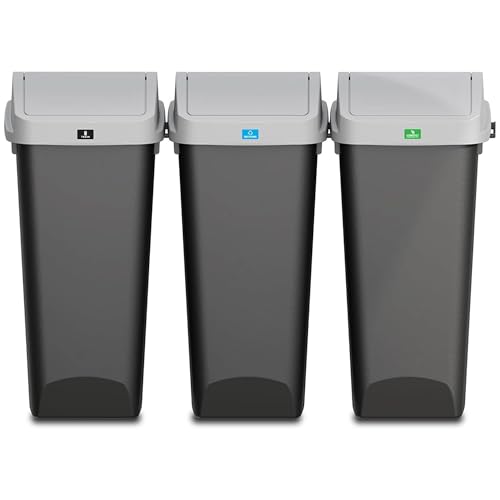 Glad Link & Sort 36 Gallon Waste and Recycle Center - 3x12G (3x45L) Plastic Bin Compartments for Trash, Recycling, Compost with Odor Protection and Swing Top and Lift Up Lids