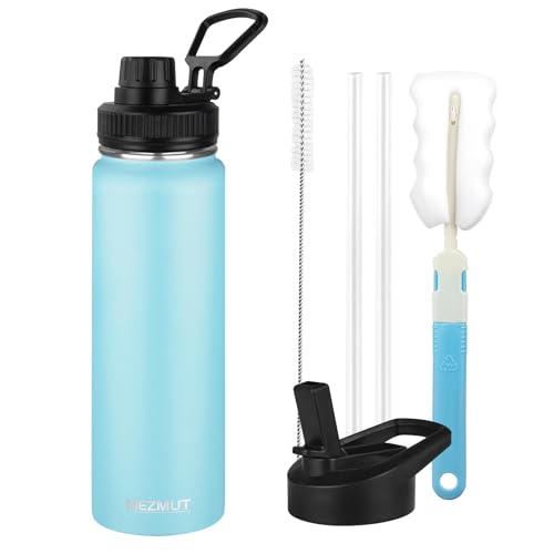 24oz Insulated Water Bottle with Straw&2 Lids, Stainless Steel Water Bottles, Sports Metal Water Bottle Thermos Cup, Double Walled Vacuum Insulated Bottles Leak-Proof Travel, Blue