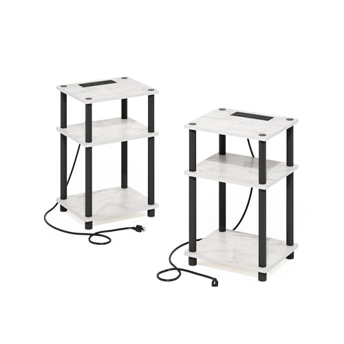 Image of Furinno Just 3-Tier Turn-N-Tube USB and Type-C Charging Port End Table with Open Storage, Marble White /Black, Set of 2