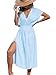 CUPSHE Damen Bikini Cover Up Strandkleid V-Ausschnitt Kurzarm Seitenschlitz Elastikbund Sommerkleid Beach Midi Dress Hellblau M