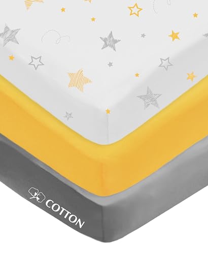 Image of American Baby Company 3 Pack Fitted Mini Crib Sheet 24" x 38", Soft Breathable Neutral 100% Cotton Jersey Portable Sheet, Yellow Star/Yellow/Gray, for Boys and Girls, Fits Most Pack N Play Mattresses
