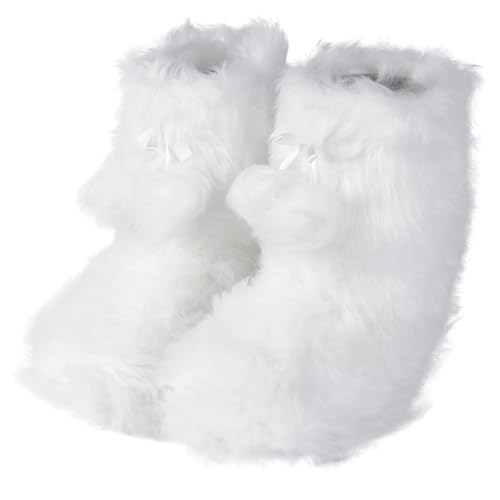 Home Slipper Warm Winter Slipper Boots Women‘s Cute Fluffy Slippers with Pom Poms Ankle High Thick Fleece Lined Indoor House Booties Slippers,White,US 5/6