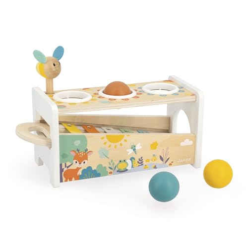 Janod - Tap Tap Xylo Pure - Jouet en Bois 2 en 1 - Jeu d'Éveil Musical et d'Adresse - avec 3 Balles + Marteau + Xylophone - Dès 1 an, J05155