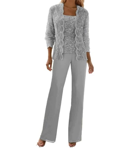Plus Size Mother of The Bride Pant Suits Silver Wedding Pantsuits for Grandmothers 3 Pieces Set Lace Chiffon Evening Gown 16