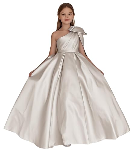 Satin Flower Girl Dress Ball Gown One Shoulder Pageant Dresses First Communion Dress with Bow