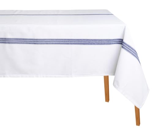 White Cotton Tablecloth, Blue Striped 100% Cotton...