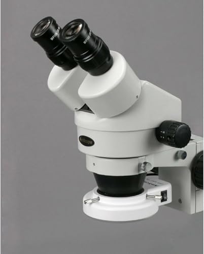 Image of AmScope SM-5BZ-144S Professional Binocular Stereo Zoom Microscope, WH10x Eyepieces, 3.5X-90X Magnification, 0.7X-4.5X Zoom Objective, 144-Bulb LED Ring Light, Ball-Bearing Double-Arm Boom Stand, 110V-240V, Includes 0.5X and 2.0X Barlow Lenses