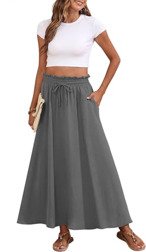 Askyes Womens Skirts 2025 Summer High Waisted A-Line Casual Work Plus Size Swing Long Skirts with Pockets,Grey,2XL