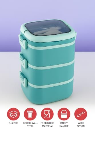 Image of 3 Layer Stainless Steel Insulated Lunch Box-Tiffin Box for Kids,Adults| Leak Proof Double Wall Lunchbox for Office, School Use with Spoon & Lid -Color May Vary (Square)