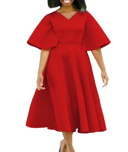 Image of SOMTHRON Women's Wrap V-Neck Ruffle Short Sleeve Midi Dress Elegant A Line Flowy Flared Cocktail Church Dress