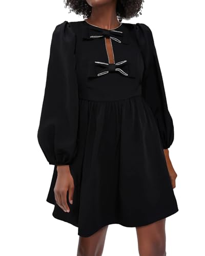 Women's Bow Neck Mini Dresses A Line Rhinestone Short Dress Long Sleeves Flowy Summer Babydoll Dress