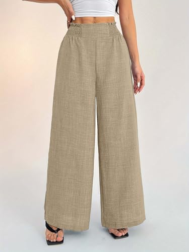 Image of Sugathari Women's Casual Wide Leg Pants - High Waist Elastic Waistband Loose Fit Long Trousers | Lightweight Straight Leg Summer PantsTrouser 254