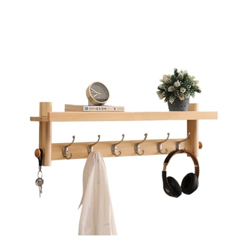Perchero de pared de estilo europeo de madera maciza con ganchos y estante, color beige, solución de almacenamiento perfecta para abrigos, bolsas y accesorios