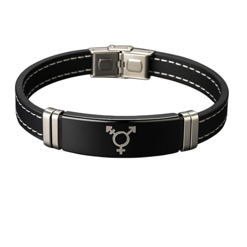 Transgender Pride LGBTQ Black Rubber Stainless Steel Bracelet with White Stitch Trim.