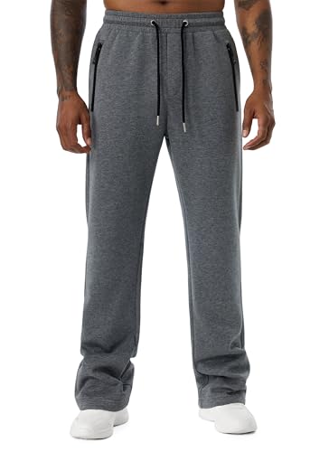 QIUDAOHENG Mens Baggy Wide Leg Sweatpant Jogging Drawstring Knit Casual Zipper Pocket Open Bottom Sports Pants Dark Gray