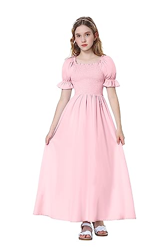 Mebius Girls Cottagecore Maxi Dress Smocked Puff Sleeve Square Neck Flowy Boho A-line Ruffle Short Sleeve Dresses 8-14Y3