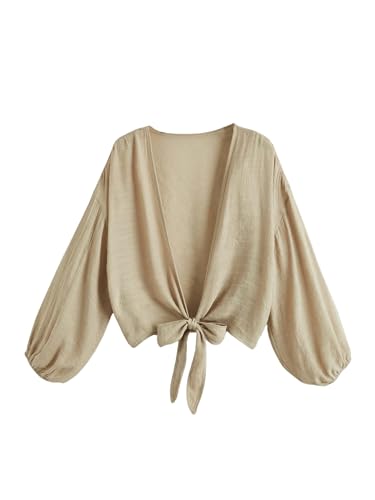 GORGLITTER Women's Tie Front Tops Bow Sheer Lantern Long Sleeve Blouse Fashion Spring Summer Outfits 2025