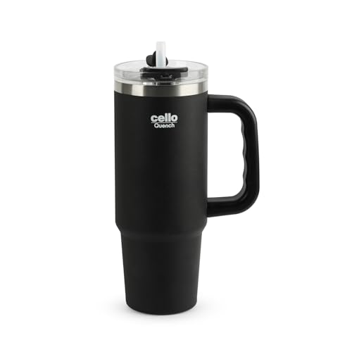 CELLO Quench Pro 900 Insulated Stainless Steel Sipper Tumbler with Straw for Daily Use &amp; Travel 880 ml Black | Double Wall Vacuum Insulated Hot &a