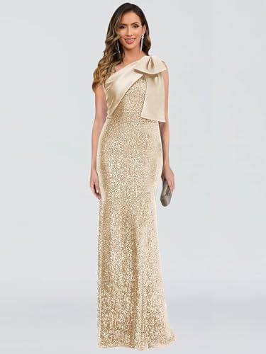 One Shoulder Sequin Mermaid Prom Dress with Bow 2025 Long Satin Bridesmaid Dresses Formal Evening Gowns4