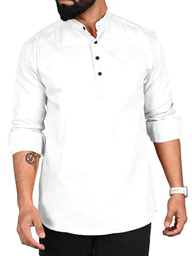 Image of ROYALSCOUT Men Cotton Blend Short Kurta with Mandarin Collar and Button Placket | Full Sleeve Regular Fit Ethnic Wear for Casual and Festive Use