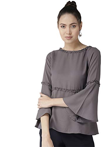 Image of Style Quotient Grey Polyester Solid Flared Sleeves Casual Tops