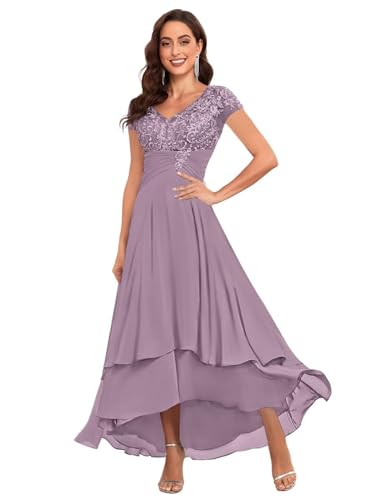 BOLENSYE Tea Length Mother of The Bride Dresses for Wedding Chiffon Lace Ruched Formal Evening Party Gown with Sleeves3