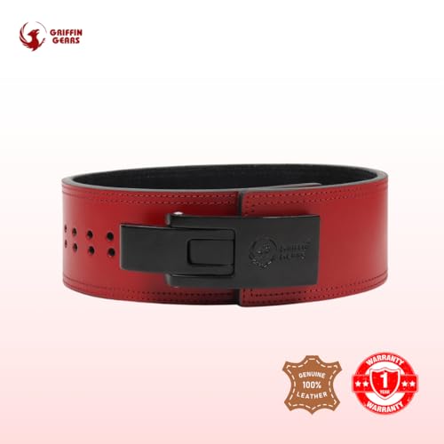 Image of 10mm Lever Powerlifting Belt - Red Belt Leather Gym Belt with Black Buckle - Men & Women- Weightlifting, Squats, Deadlifts - IPF Standard (Red, Medium)