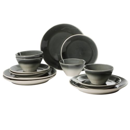 Image of Gibson Elite Plates and Bowls Set, 12 Piece Stoneware Dinnerware for 4 | River Delta Collection - Ceramic Dishes, Reactive Glaze Ombre Black, Microwave Safe Dishware, Chip Resistant, Family Dining