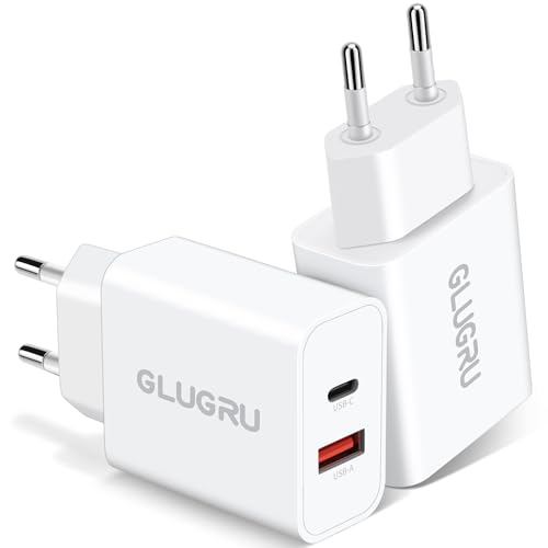 European Travel Plug Adapter GLUGRU 2-Pack 20W Dual Port USB C Wall Charger Type C Fast Charging Block International Power Adapter US to Europe for iPhone 17 16 15 14 13 12 11 Pro Max iPad Galaxy