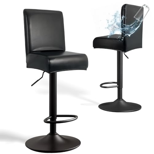 Image of PU Leather Bar Stool Covers with Backs, 2 Pack Stretch Waterproof Bar Stool Chair Covers Washable & Comfortable Barstool Covers Slipcovers with Back for Pub /Counter /Dining Room Decoration (Black)
