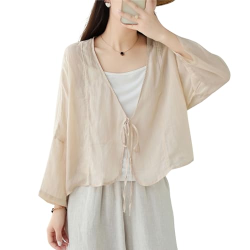 FindThy Women’s Tie Front Shrug Casual Sheer Linen V-Neck Long Sleeve Lightweight Oversized Bolero Cardigan