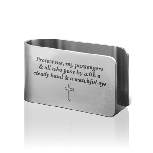 PUVOXHO Protect Me My Passengers and All Who Pass by Engraved Stainless Steel Car Visor Clip, Reminder to Stay Safe, Safe Driving Religious Gifts for Family Friend Taxi Driver, New Driver Gifts
