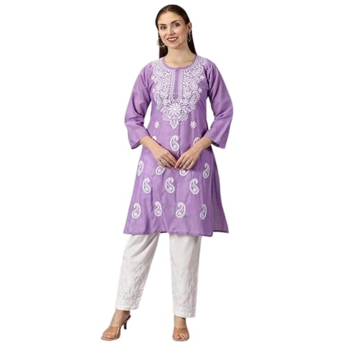 Image of FCH, Fashionable Chikan Handikraft Women's Cotton Lucknowi Chikankari Printed Straight Kurta for Regular Wear Girls Flared Kurta