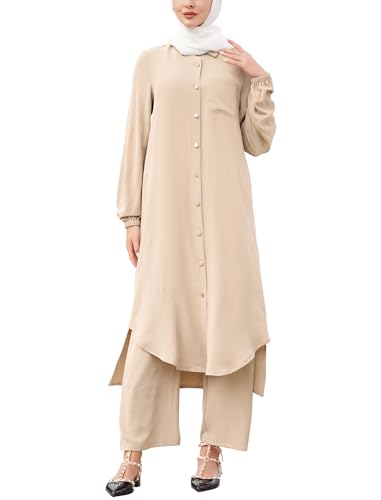 Image of IDOPIP Abaya Dress for Women Muslim Set Long Sleeve Chiffon Islamic Dress Shirt with Pants 2PCS Dubai Prayer Casual Clothes