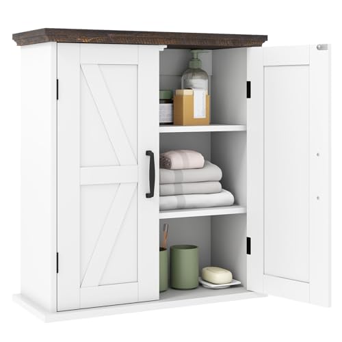 COSTWAY Mobile da Parete per Bagno, Mobiletto Salvaspazio Farmhouse per Farmacia con 2 Ante e Ripiani Regolabili, Specchio Contenitore per Soppalco Sopra il WC per Cucina, Lavanderia e Ingresso