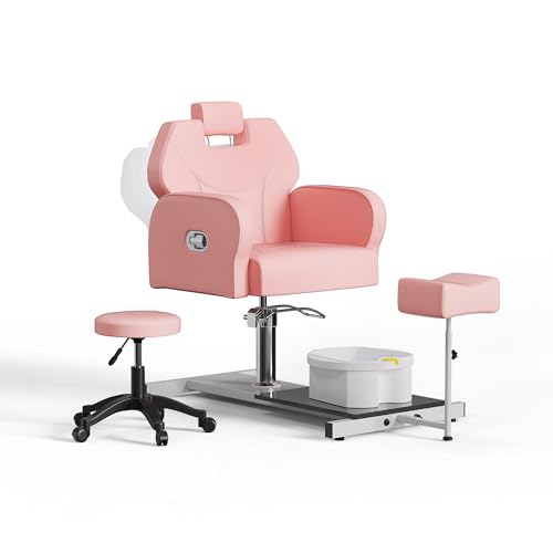 YOCONYO No Plumbing Pedicure Chair with Rolling Salon Stool, Reclining Pedicure Station with Heavy Duty Hydraulic, Massage Foot Bath,Footrest for Nail Tech, Pink