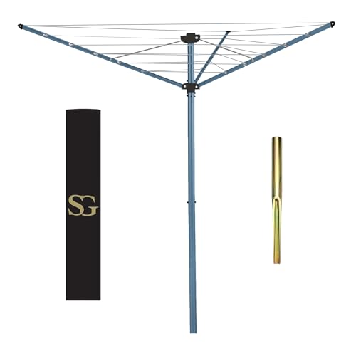 SG 3 Arm 30m Rotary Washing Line Outdoor Heavy Duty Large Clothes Rotating Airer Dryer Garden use Easy to Open and Close along with Ground Spike and Cover Silver (30m)