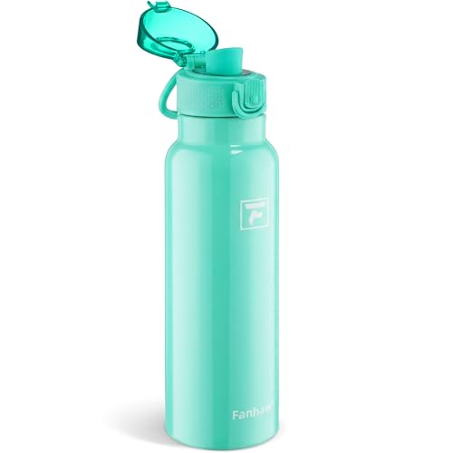 Image of Fanhaw 24 oz Insulated Water Bottle with Soft Silicone Spout Lid, Leakproof Stainless Steel Vacuum Bottle for School, Sports& Daily Use, Kids, Teens& Adults, Back to School Essentials (Bianchi Green)
