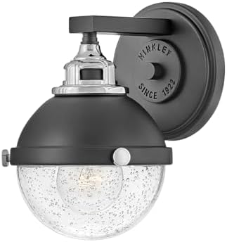 Hinkley Fletcher Single Light Vanity Wall Sconce, Vintage Industrial Fixture, Clear Seedy Glass, Bath and Beyond, Black and Chrome