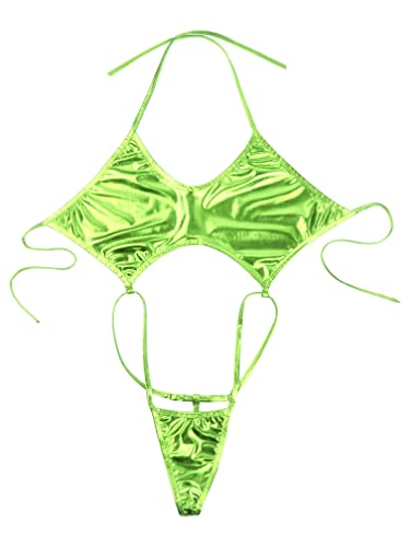 Agoky Women Shiny Glossy Bikini Swimsuit Halter Lingerie Exotic String One Piece Swimwear Fluorescent Green One Size #TOP6