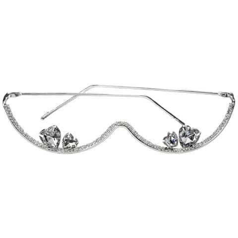 Hikiwin No Lens Rhinestone Glasses Frame,Sparkly Half Enclosure Eye Glasses,Heart Crystal Diamond Decor Metal Eyeglass,Half Frame Spectacle For Decoration,Silver,1 Piece Cover