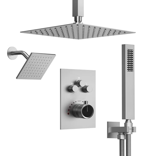 Image of Ceiling Mount 12 inch High-Pressure Rainfall Shower Faucet, Dual Rainfall Shower Head System with Valve (Brushed Nickel)