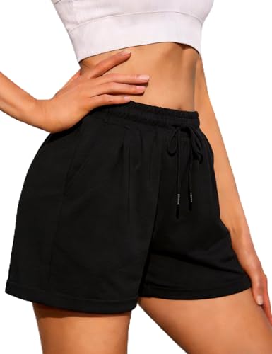 Litherday Womens Sports Shorts Casual Lounge Gym Sweat Jogging High Waist Ladies Cotton Activewear Fashion Running Summer Short with Pockets Black M