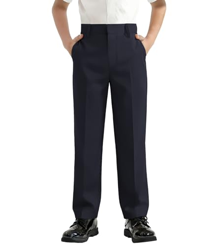 Image of QBK Boys Flat Front Dress Pants Uniform Pants Adjustable Waistband for Toddler to Youth with Pockets