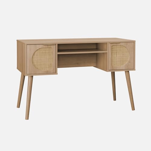 sweeek - Bureau décor Bois et cannage 2 Portes EVA Naturel 120 x 55 x 76.5 cm