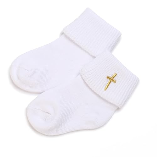 Yeshore Newborn Baptism Socks White Cotton Turn-Cuff Christening Ankle Crew Socks with Cross for Baby Boys & Girls (B-white 0-12 Months)